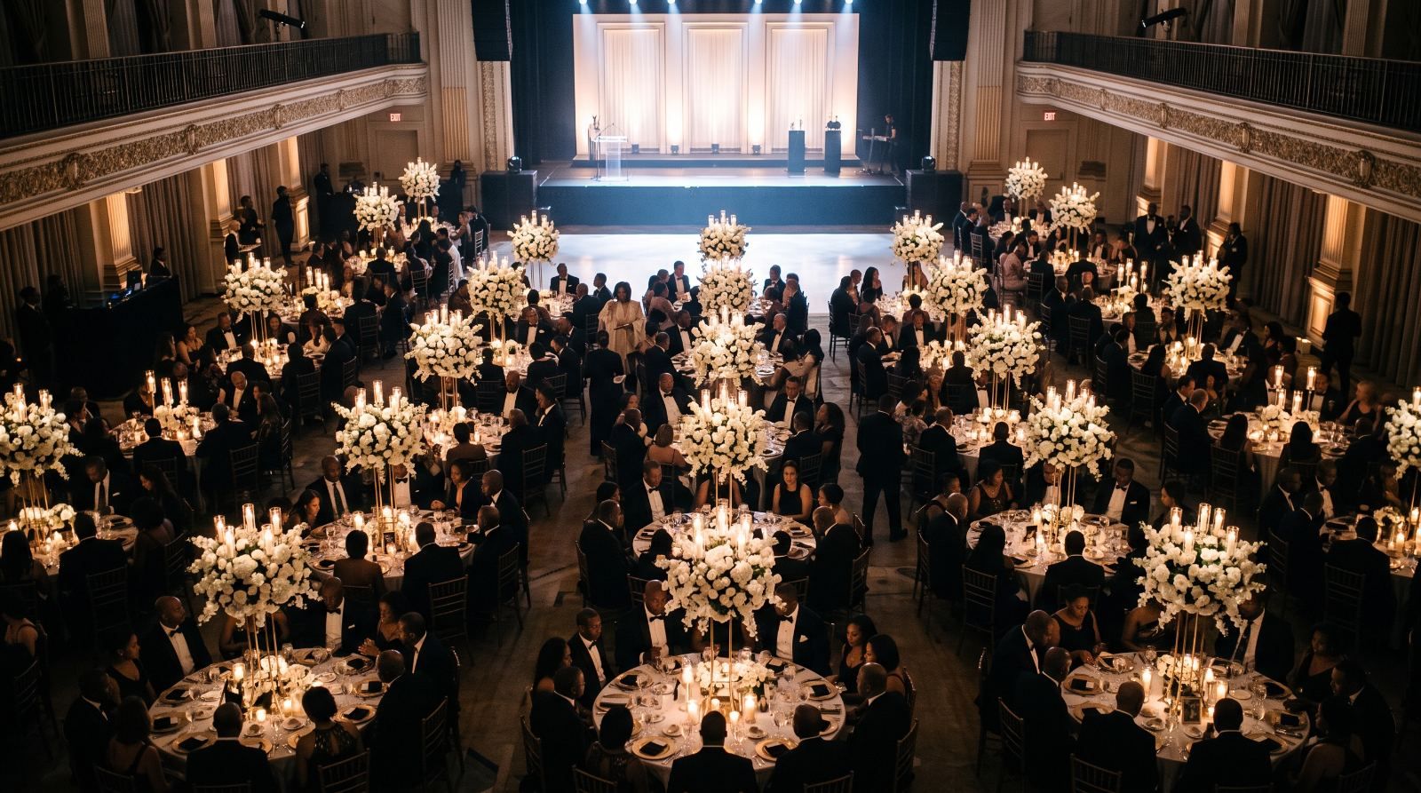 A candlelit gala dinner in a grand ballroom